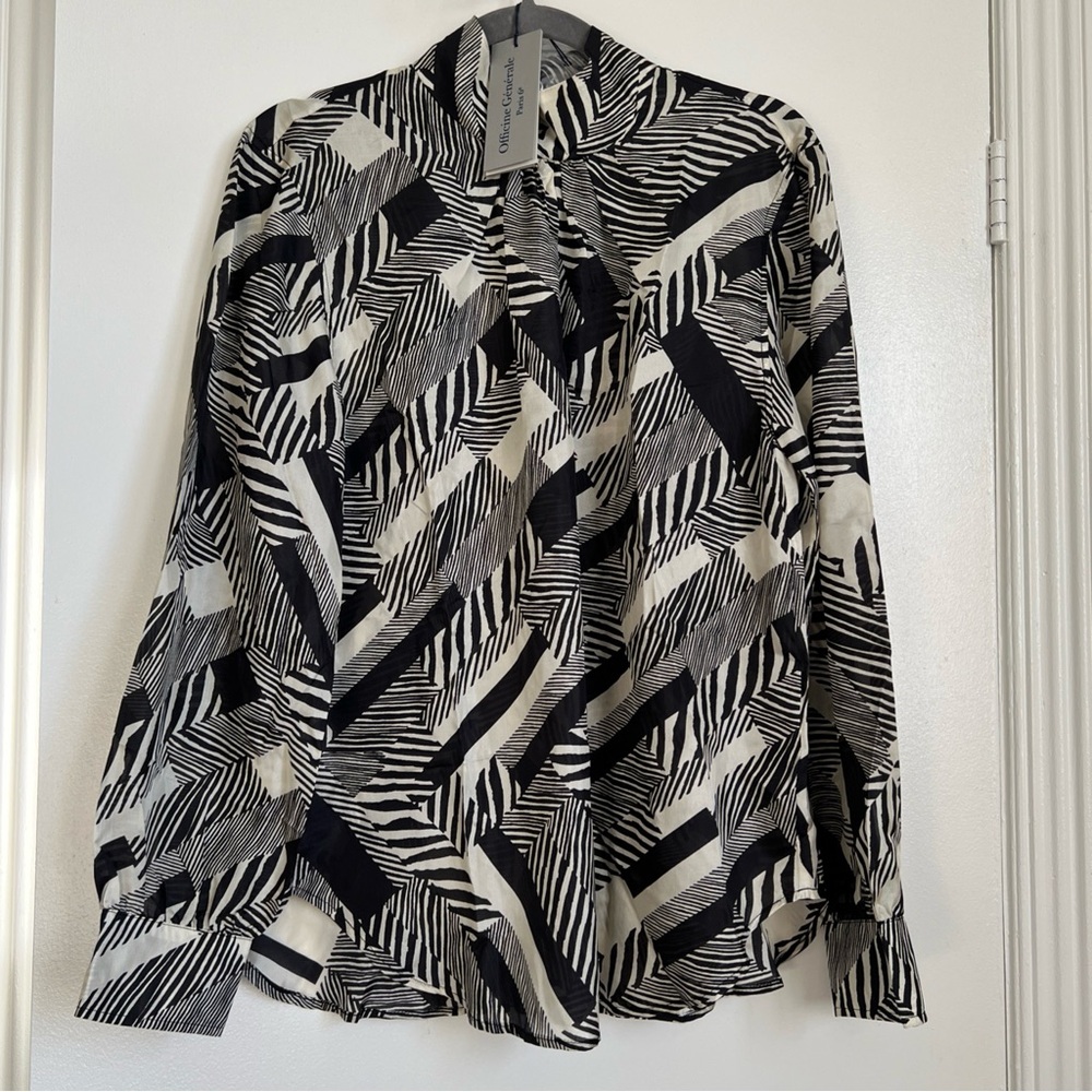 Officine Generale Sz XL Gabrielle Black White Top Geom Blouse Long Sleeve💖NWT
